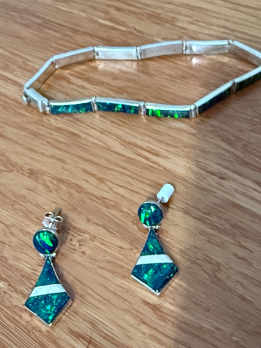 Green Opal like Inlay Bracelet and Earrings Set